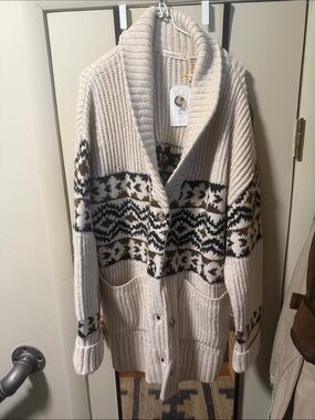Shawl Collar Fair Isle Cardigan Sweater - Cream with Black & Brown Pattern